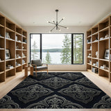 Opulent Silver Damask Area Rug