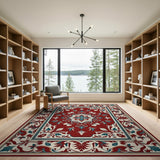Red Persian Medallion Area Rug with Teal Floral Accents