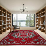 Vibrant Red Mandala Area Rug with Green Foliage
