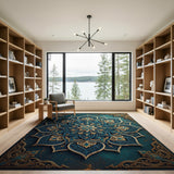 Teal Mandala Area Rug with Gold Intricacies
