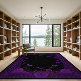 Washable Purple Gothic Bat & Skull Halloween Area Rug