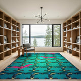 Teal Pink Bat Geometric Area Rug