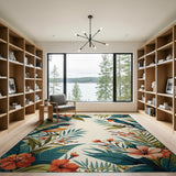 Teal Tropical Birds Hibiscus Floral Rug