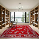 Red Snowflake Area Rug with Ornate Border Geometric Modern Rug
