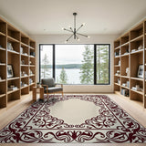 Beige and Neutral Ornate Maroon Floral Border Area Rug