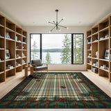 Festive Plaid Area Rug with Pinecones Evergreens