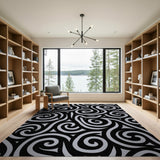 Swirling Black White Abstract Area Rug