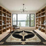 ODIKA Celestial Compass Washable Area Rug - Vintage Starry Black & Gold Low Pile Carpet