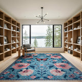 Teal Floral Area Rug with Pink Poppies Butterflies