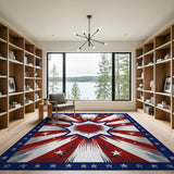 ODIKA Washable Americana Star Burst Patriotic Area Rug - Non-Slip Low Pile Red White Blue Rug