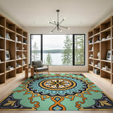 Teal Mandala Area Rug with Vibrant Orange Accents