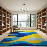 Washable Modern Abstract Wavy Blue & Yellow Low Pile Area Rug