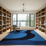 Navy Blue Black Wavy Abstract Area Rug