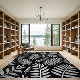 White Fern Leaves on Black Area Rug