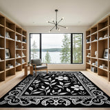 Ornate Camellia Floral Black White Area Rug