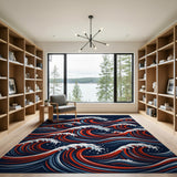 Crashing Waves Area Rug in Navy Red