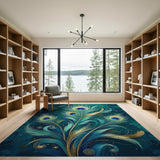 Teal Peacock Feathers Area Rug with Gold Accents