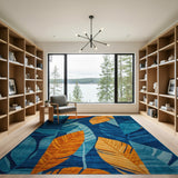 Teal Blue Orange Palm Leaf Area Rug