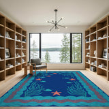 Blue Teal Coastal Fish Starfish Area Rug