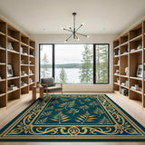 Teal Fern Leaf Area Rug with Ornate Gold Border