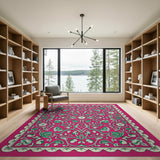 Pink Floral Vine Scalloped Border Area Rug