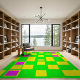 Vibrant Green Yellow Pink Geometric Block Rug