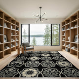 Black White Vintage Floral Motif Area Rug