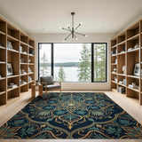 Traditional Persian Blue and Teal Navy Teal Mandala Persian Area Rug