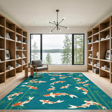 Koi Fish Bamboo Teal Washable Area Rug