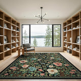 Lush Multi-Color Floral Tree on Black Area Rug