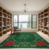 Ornate Green Poinsettia Gold Frame Area Rug
