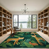 Jungle Safari Kids Cartoon Rug with Giraffes Leopard Fawn