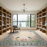 Vintage Floral Meadow Rug with Blue Birds