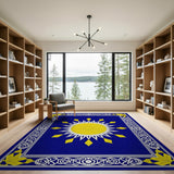 Navy Blue Sunburst Area Rug with Ornate Borders