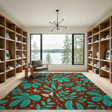 Teal Leaves Butterflies Brown Pattern Area Rug