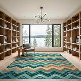 Teal Zigzag Wave Geometric Area Rug