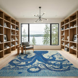 ODIKA Washable Blue Octopus Area Rug - Low Pile Non-Slip Nautical Home Decor