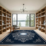 Navy Mandala Area Rug with Glowing Orb