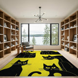 Yellow Playful Black Cats on Vibrant Yellow Area Rug