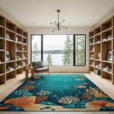 Teal Ocean Fish Coral Kids Area Rug