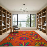 Vibrant Orange Multi-Color Floral Area Rug