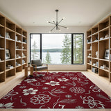 Red Festive Red Poinsettia Snowflake Area Rug