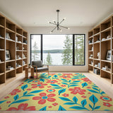 Sunny Yellow Rug with Red Flowers and Teal Leaves