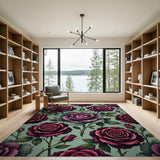 Deep Red Roses and Kale Floral Area Rug