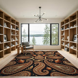 Ornate Gold Paisley Rug with Copper Vases on Black