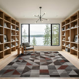 Grey Modern Geometric Grey Area Rug with Red Accents