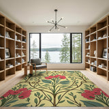 Red Poppy Floral Vintage Area Rug