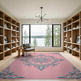 Elegant Pink Teal Ornate Medallion Area Rug