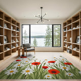 Red Poppy Daisy Meadow Floral Area Rug
