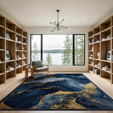 ODIKA Washable Navy Blue and Gold Marble Abstract Area Rug - Low Pile Non-Slip Carpet